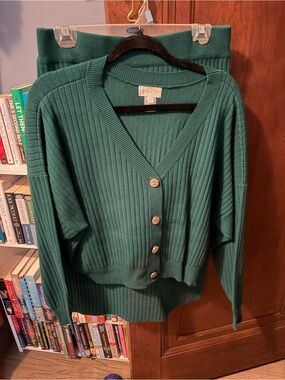 APRICOT Forest Green Sweater Skirt and Top Set Ribbed with Gold Buttons